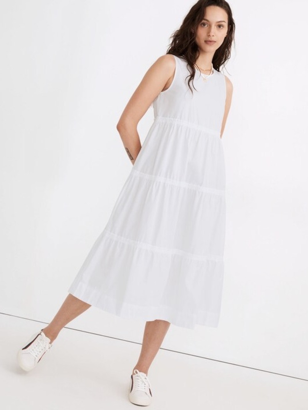 Madewell Sleeveless White Poplin Tiered Maxi Dress size M Petite